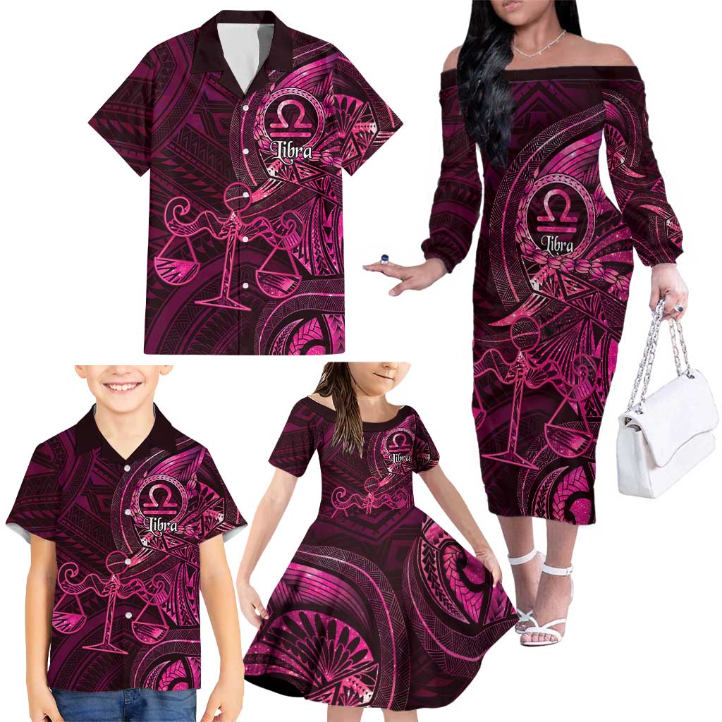 Personalised Polynesia Zodiac Libra Family Matching Off The Shoulder Long Sleeve Dress and Hawaiian Shirt Galaxy Polynesian Pattern Chest Tattoo Style LT14 - Polynesian Pride