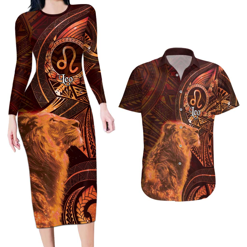 Personalised Polynesia Zodiac Leo Couples Matching Long Sleeve Bodycon Dress and Hawaiian Shirt Galaxy Polynesian Pattern Chest Tattoo Style LT14 Orange - Polynesian Pride