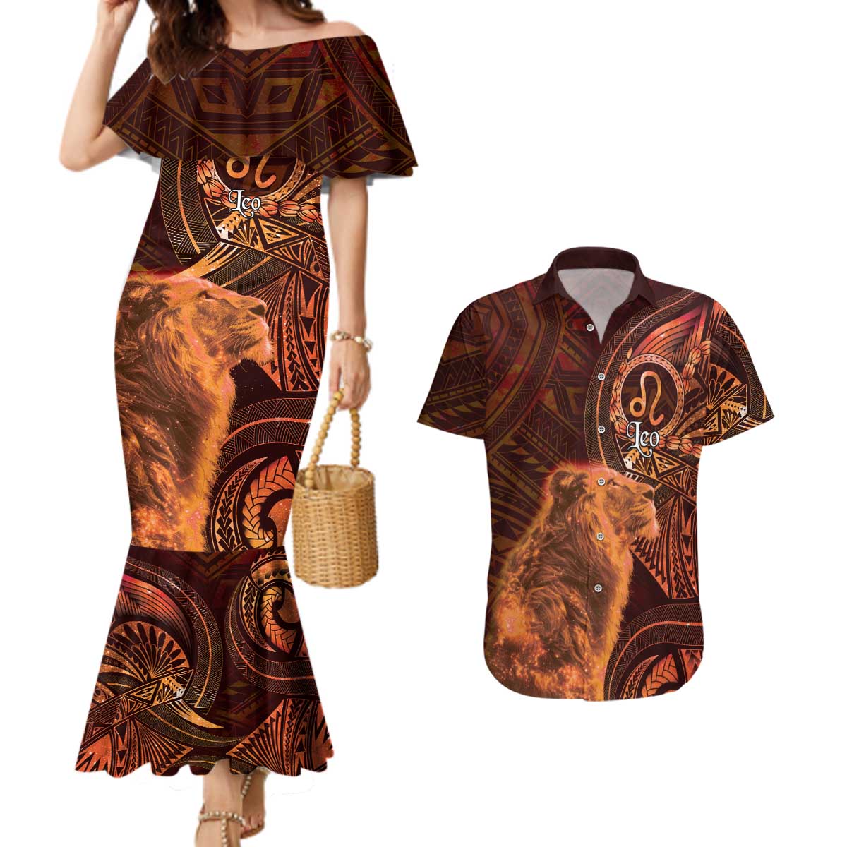 Personalised Polynesia Zodiac Leo Couples Matching Mermaid Dress and Hawaiian Shirt Galaxy Polynesian Pattern Chest Tattoo Style LT14 Orange - Polynesian Pride