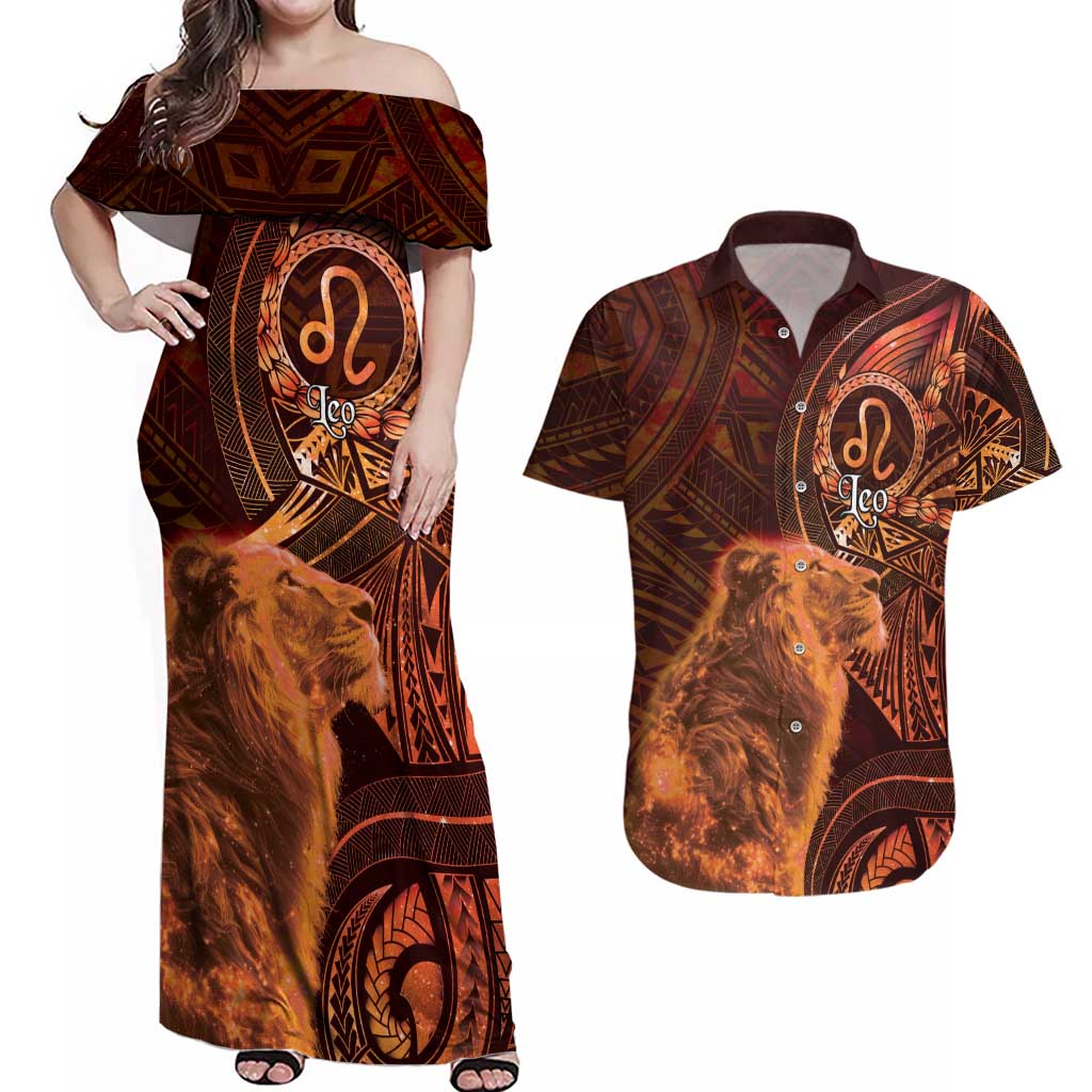 Personalised Polynesia Zodiac Leo Couples Matching Off Shoulder Maxi Dress and Hawaiian Shirt Galaxy Polynesian Pattern Chest Tattoo Style LT14 Orange - Polynesian Pride