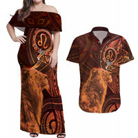 Personalised Polynesia Zodiac Leo Couples Matching Off Shoulder Maxi Dress and Hawaiian Shirt Galaxy Polynesian Pattern Chest Tattoo Style LT14 Orange - Polynesian Pride