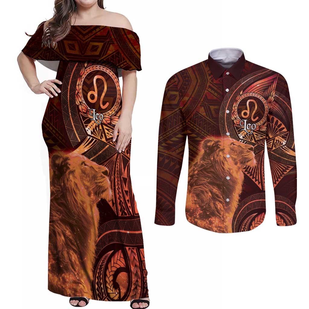 Personalised Polynesia Zodiac Leo Couples Matching Off Shoulder Maxi Dress and Long Sleeve Button Shirt Galaxy Polynesian Pattern Chest Tattoo Style LT14 Orange - Polynesian Pride