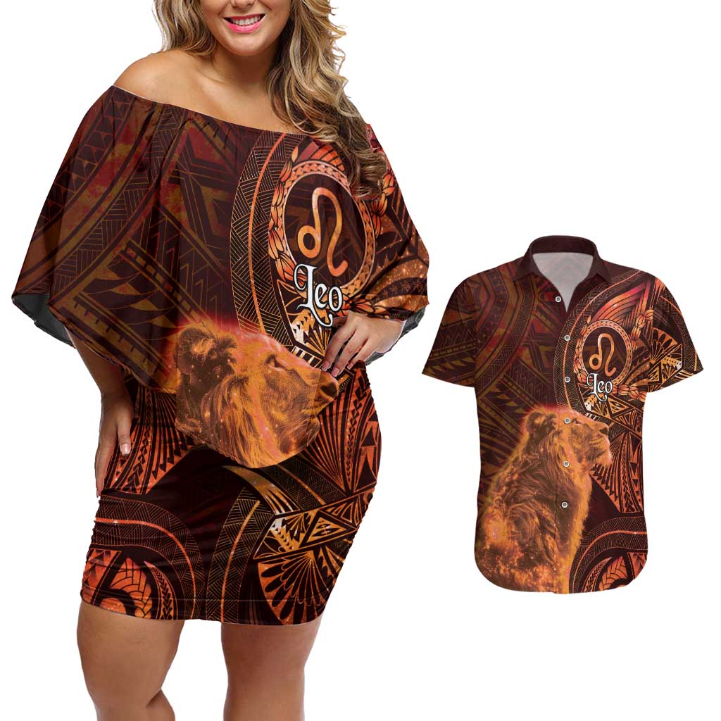 Personalised Polynesia Zodiac Leo Couples Matching Off Shoulder Short Dress and Hawaiian Shirt Galaxy Polynesian Pattern Chest Tattoo Style LT14 Orange - Polynesian Pride