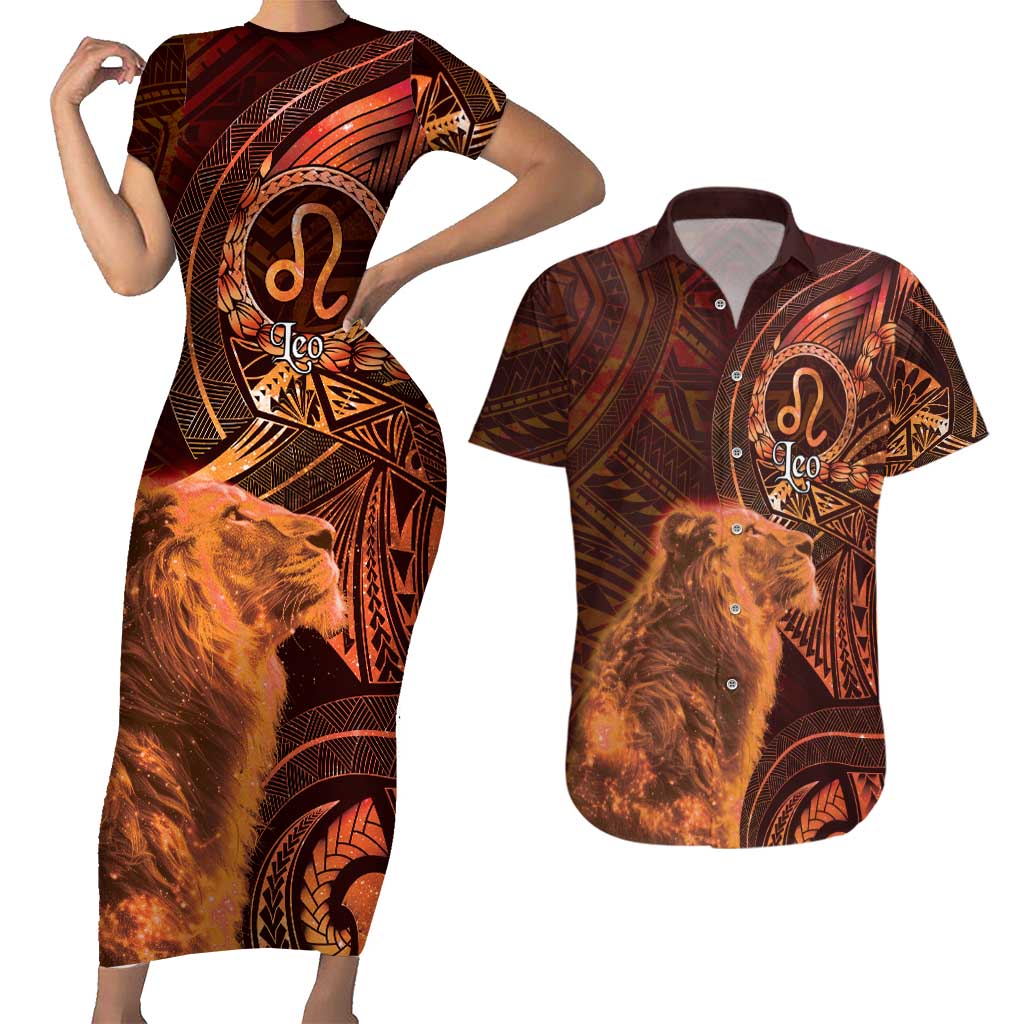 Personalised Polynesia Zodiac Leo Couples Matching Short Sleeve Bodycon Dress and Hawaiian Shirt Galaxy Polynesian Pattern Chest Tattoo Style LT14 Orange - Polynesian Pride