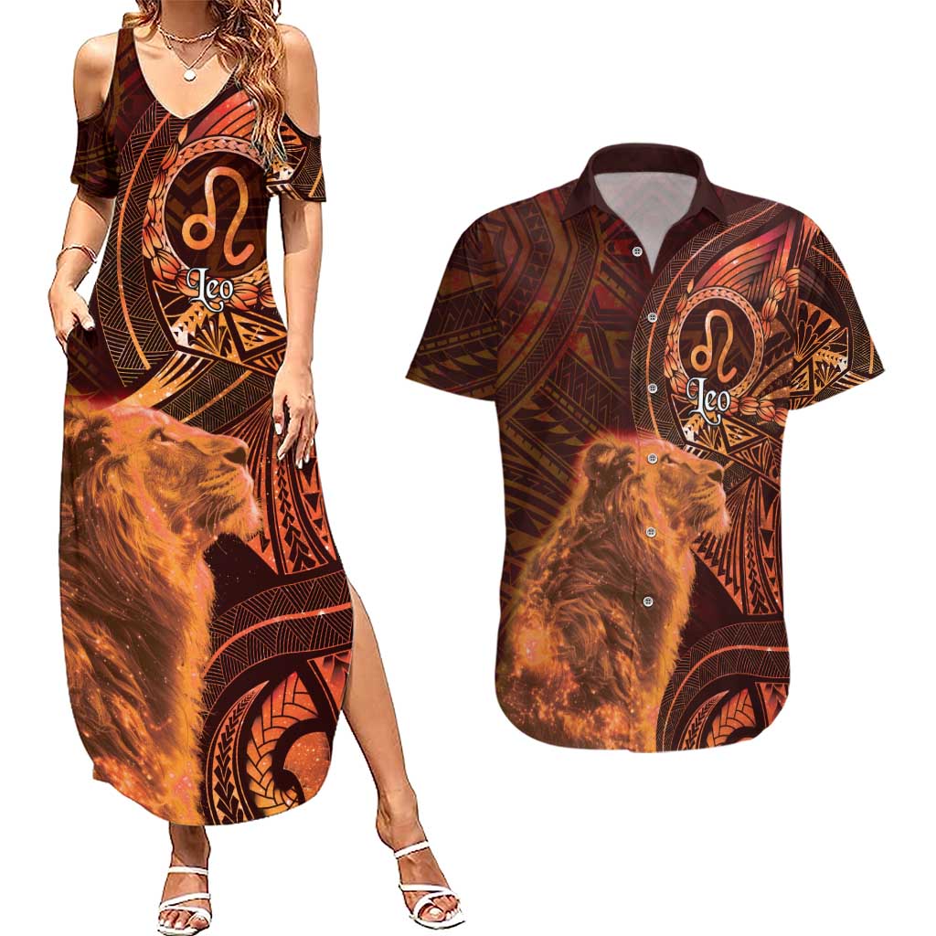 Personalised Polynesia Zodiac Leo Couples Matching Summer Maxi Dress and Hawaiian Shirt Galaxy Polynesian Pattern Chest Tattoo Style LT14 Orange - Polynesian Pride