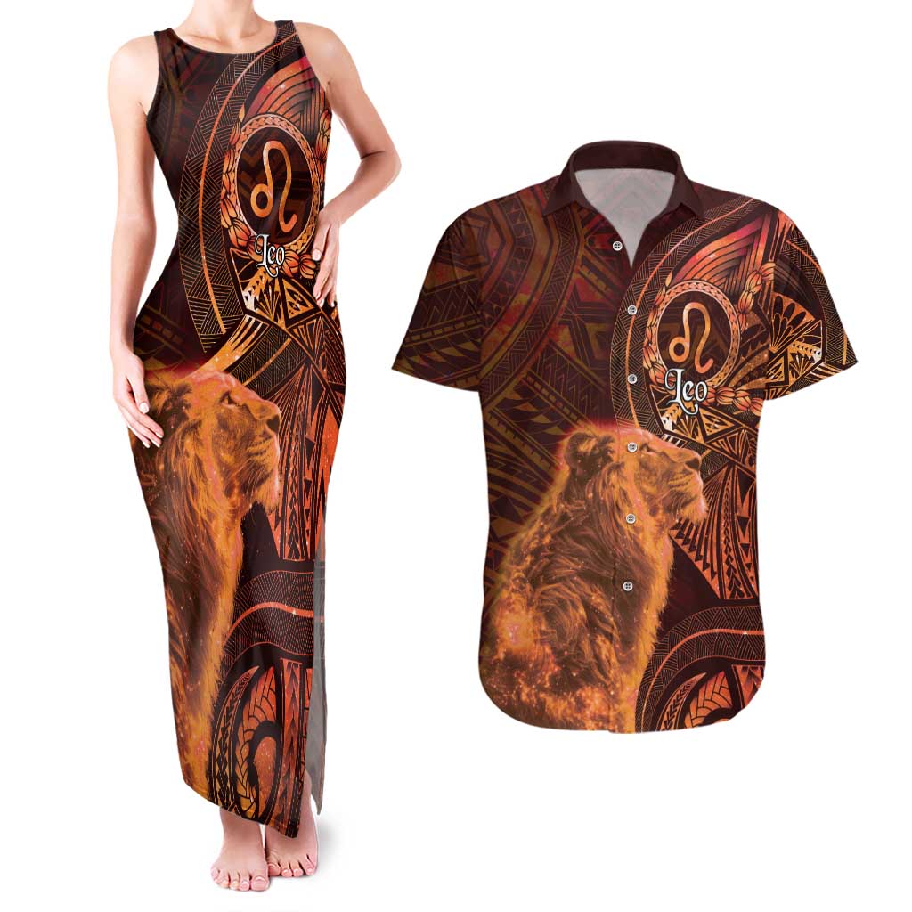 Personalised Polynesia Zodiac Leo Couples Matching Tank Maxi Dress and Hawaiian Shirt Galaxy Polynesian Pattern Chest Tattoo Style LT14 Orange - Polynesian Pride