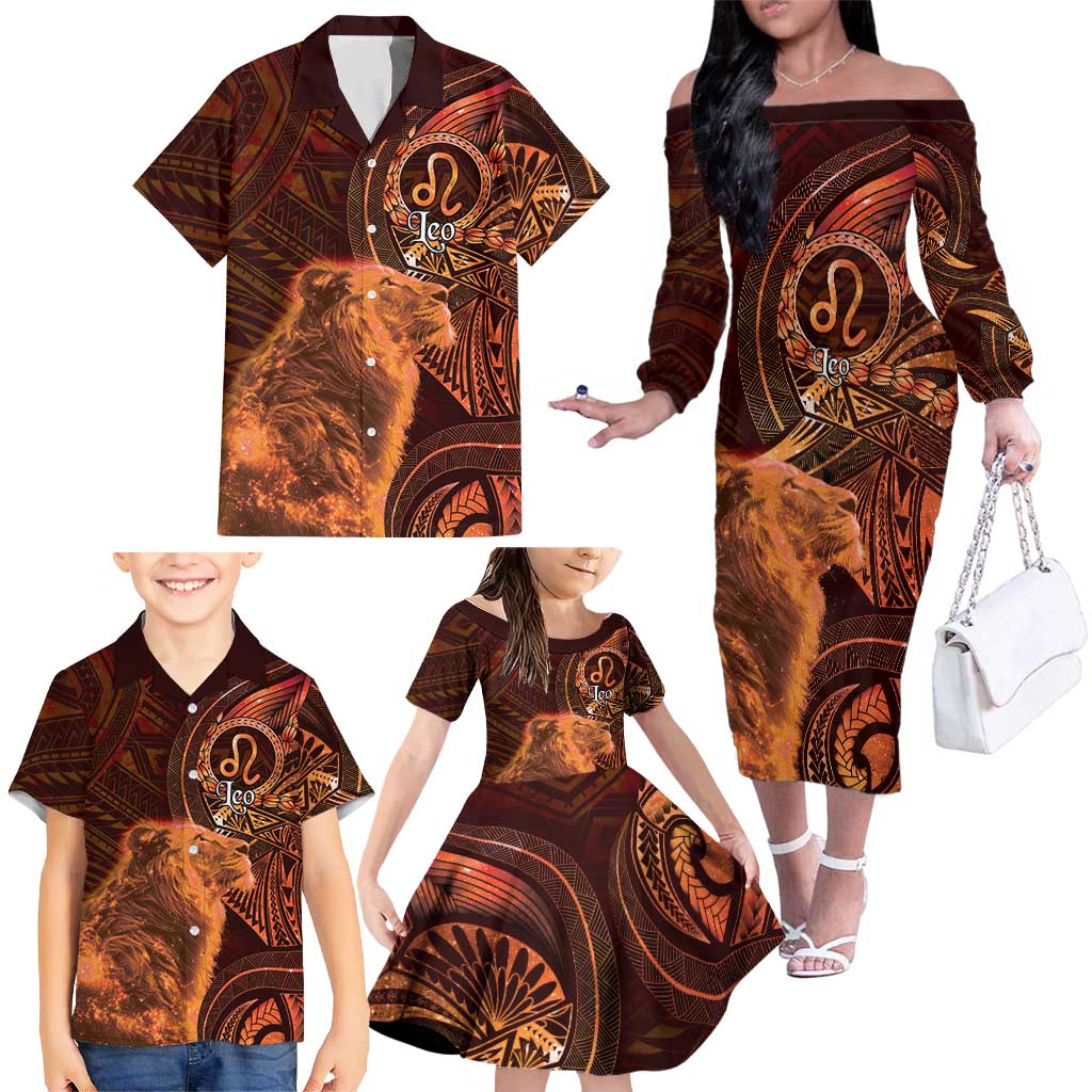 Personalised Polynesia Zodiac Leo Family Matching Off The Shoulder Long Sleeve Dress and Hawaiian Shirt Galaxy Polynesian Pattern Chest Tattoo Style