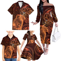 Personalised Polynesia Zodiac Leo Family Matching Off The Shoulder Long Sleeve Dress and Hawaiian Shirt Galaxy Polynesian Pattern Chest Tattoo Style
