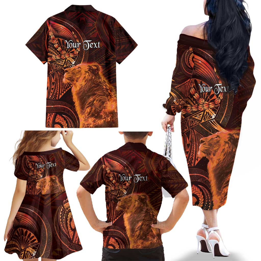 Personalised Polynesia Zodiac Leo Family Matching Off The Shoulder Long Sleeve Dress and Hawaiian Shirt Galaxy Polynesian Pattern Chest Tattoo Style