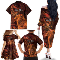 Personalised Polynesia Zodiac Leo Family Matching Off The Shoulder Long Sleeve Dress and Hawaiian Shirt Galaxy Polynesian Pattern Chest Tattoo Style