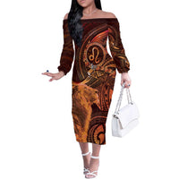 Personalised Polynesia Zodiac Leo Family Matching Off The Shoulder Long Sleeve Dress and Hawaiian Shirt Galaxy Polynesian Pattern Chest Tattoo Style