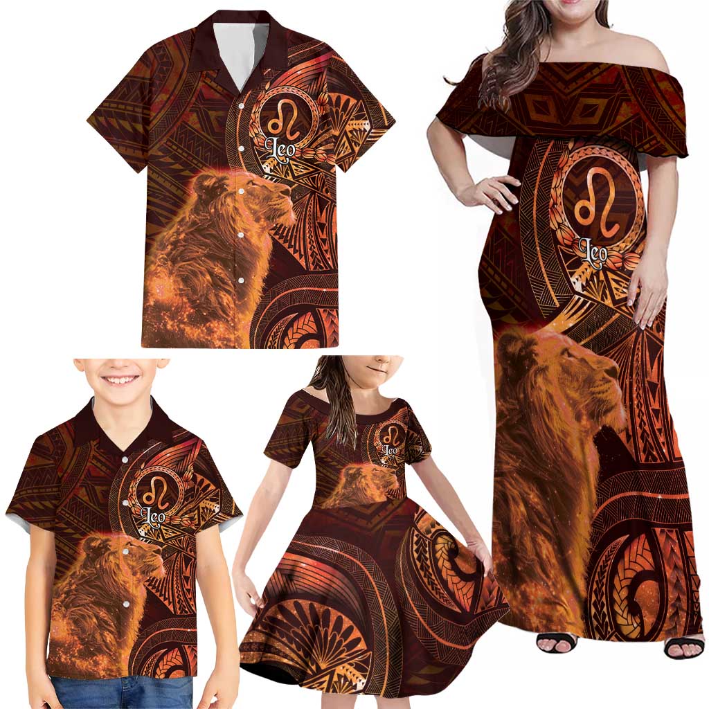 Personalised Polynesia Zodiac Leo Family Matching Off Shoulder Maxi Dress and Hawaiian Shirt Galaxy Polynesian Pattern Chest Tattoo Style LT14 - Polynesian Pride