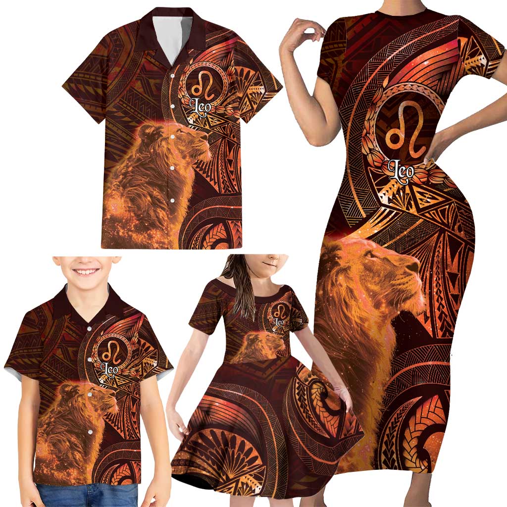 Personalised Polynesia Zodiac Leo Family Matching Short Sleeve Bodycon Dress and Hawaiian Shirt Galaxy Polynesian Pattern Chest Tattoo Style