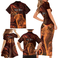 Personalised Polynesia Zodiac Leo Family Matching Short Sleeve Bodycon Dress and Hawaiian Shirt Galaxy Polynesian Pattern Chest Tattoo Style