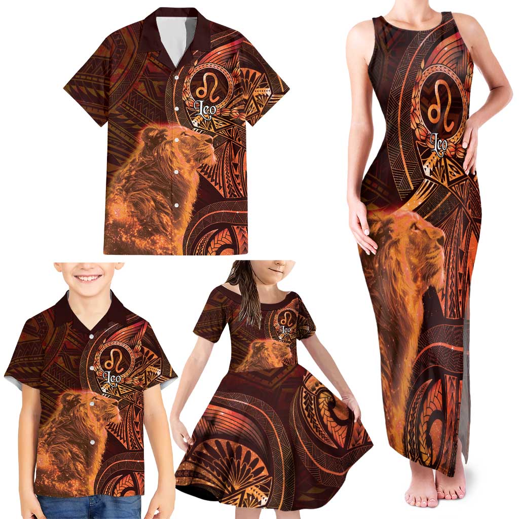 Personalised Polynesia Zodiac Leo Family Matching Tank Maxi Dress and Hawaiian Shirt Galaxy Polynesian Pattern Chest Tattoo Style