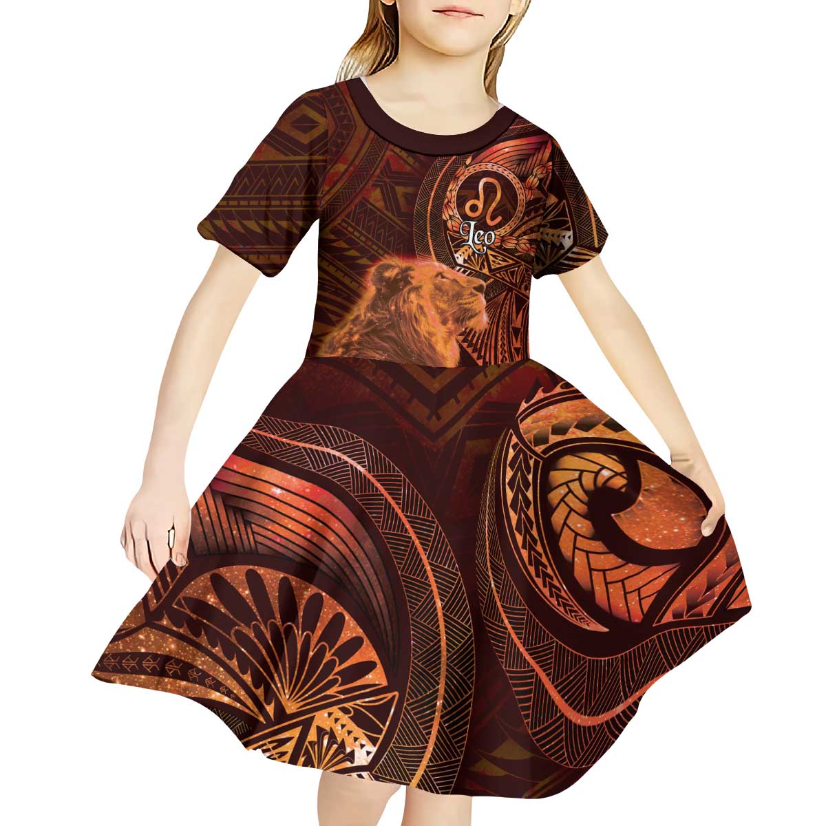 Personalised Polynesia Zodiac Leo Kid Short Sleeve Dress Galaxy Polynesian Pattern Chest Tattoo Style LT14 - Polynesian Pride