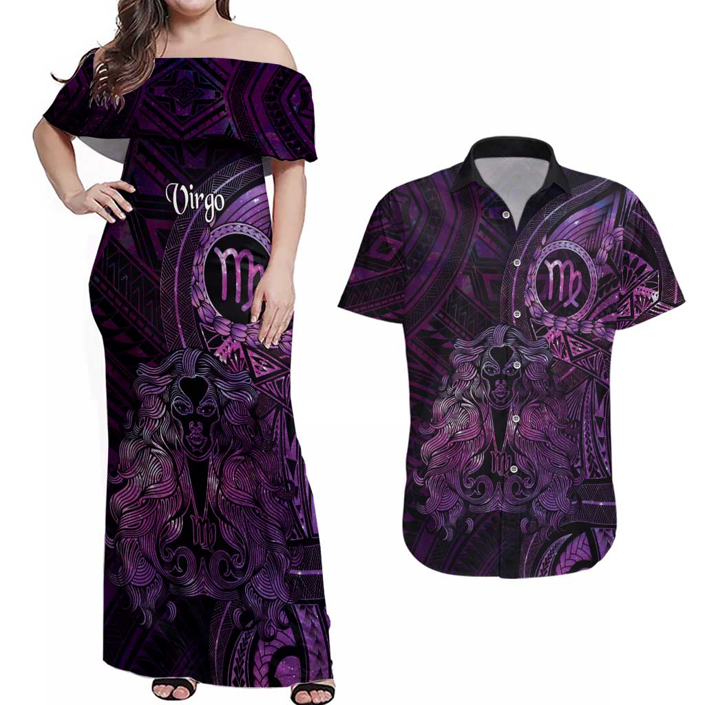 Personalised Polynesia Zodiac Virgo Couples Matching Off Shoulder Maxi Dress and Hawaiian Shirt Galaxy Polynesian Pattern Chest Tattoo Style LT14 Purple - Polynesian Pride