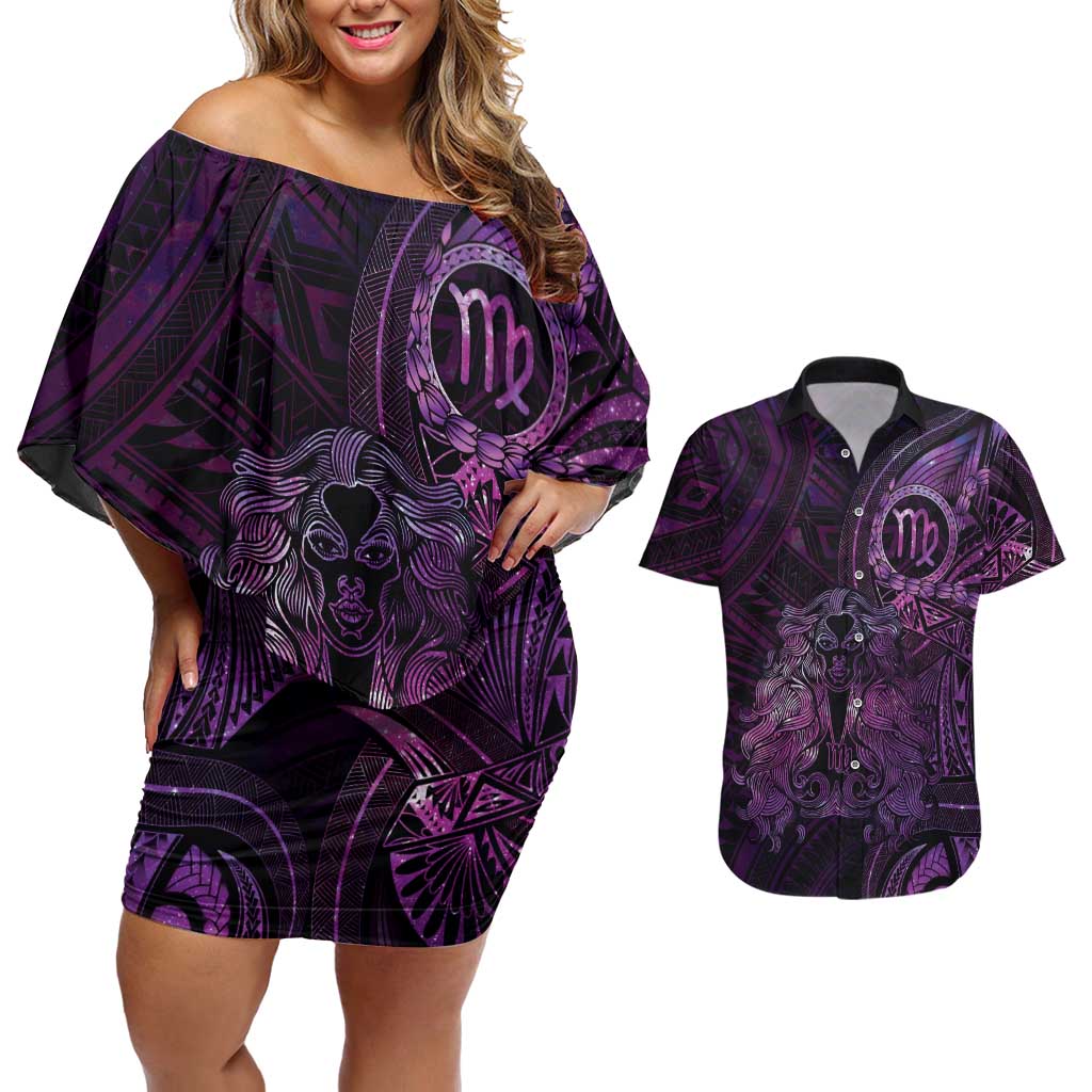 Personalised Polynesia Zodiac Virgo Couples Matching Off Shoulder Short Dress and Hawaiian Shirt Galaxy Polynesian Pattern Chest Tattoo Style