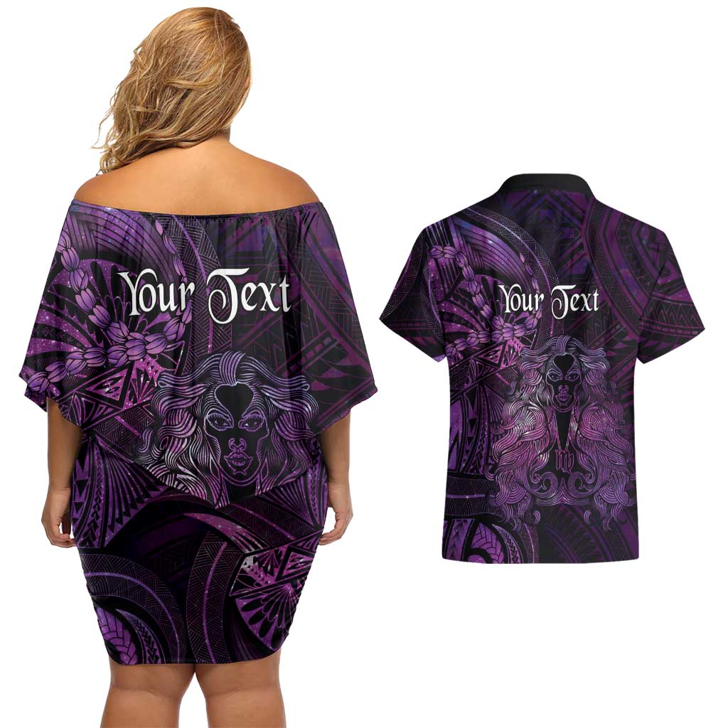 Personalised Polynesia Zodiac Virgo Couples Matching Off Shoulder Short Dress and Hawaiian Shirt Galaxy Polynesian Pattern Chest Tattoo Style