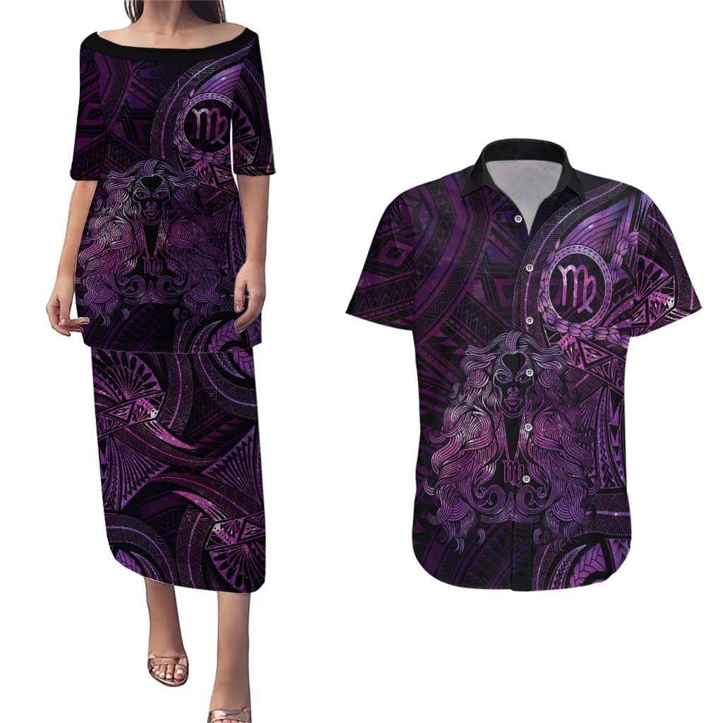 Personalised Polynesia Zodiac Virgo Couples Matching Puletasi and Hawaiian Shirt Galaxy Polynesian Pattern Chest Tattoo Style LT14 Purple - Polynesian Pride