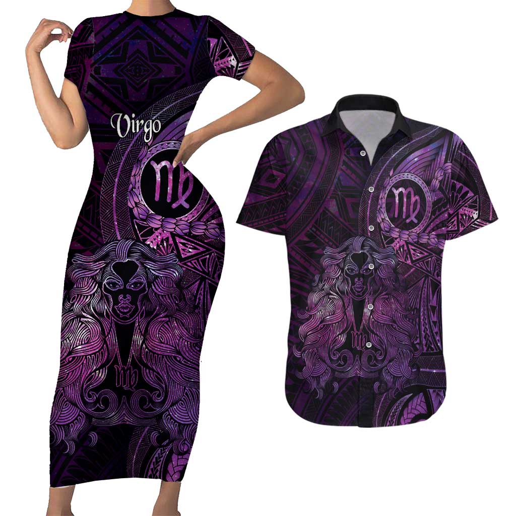 Personalised Polynesia Zodiac Virgo Couples Matching Short Sleeve Bodycon Dress and Hawaiian Shirt Galaxy Polynesian Pattern Chest Tattoo Style LT14 Purple - Polynesian Pride
