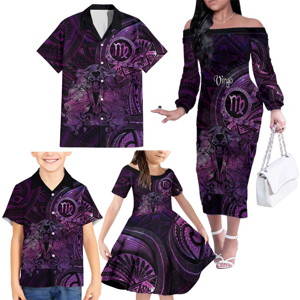 Personalised Polynesia Zodiac Virgo Family Matching Off The Shoulder Long Sleeve Dress and Hawaiian Shirt Galaxy Polynesian Pattern Chest Tattoo Style