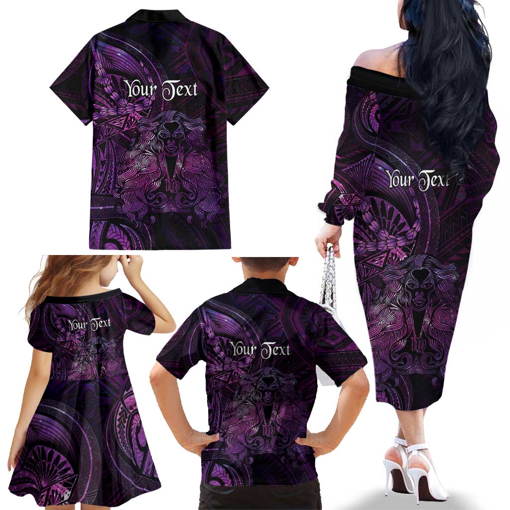 Personalised Polynesia Zodiac Virgo Family Matching Off The Shoulder Long Sleeve Dress and Hawaiian Shirt Galaxy Polynesian Pattern Chest Tattoo Style