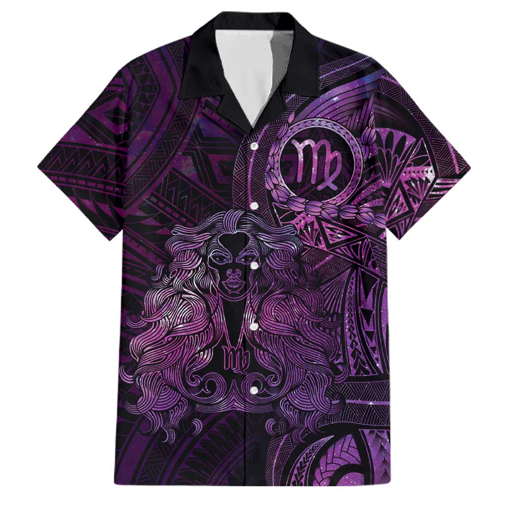 Personalised Polynesia Zodiac Virgo Family Matching Off The Shoulder Long Sleeve Dress and Hawaiian Shirt Galaxy Polynesian Pattern Chest Tattoo Style