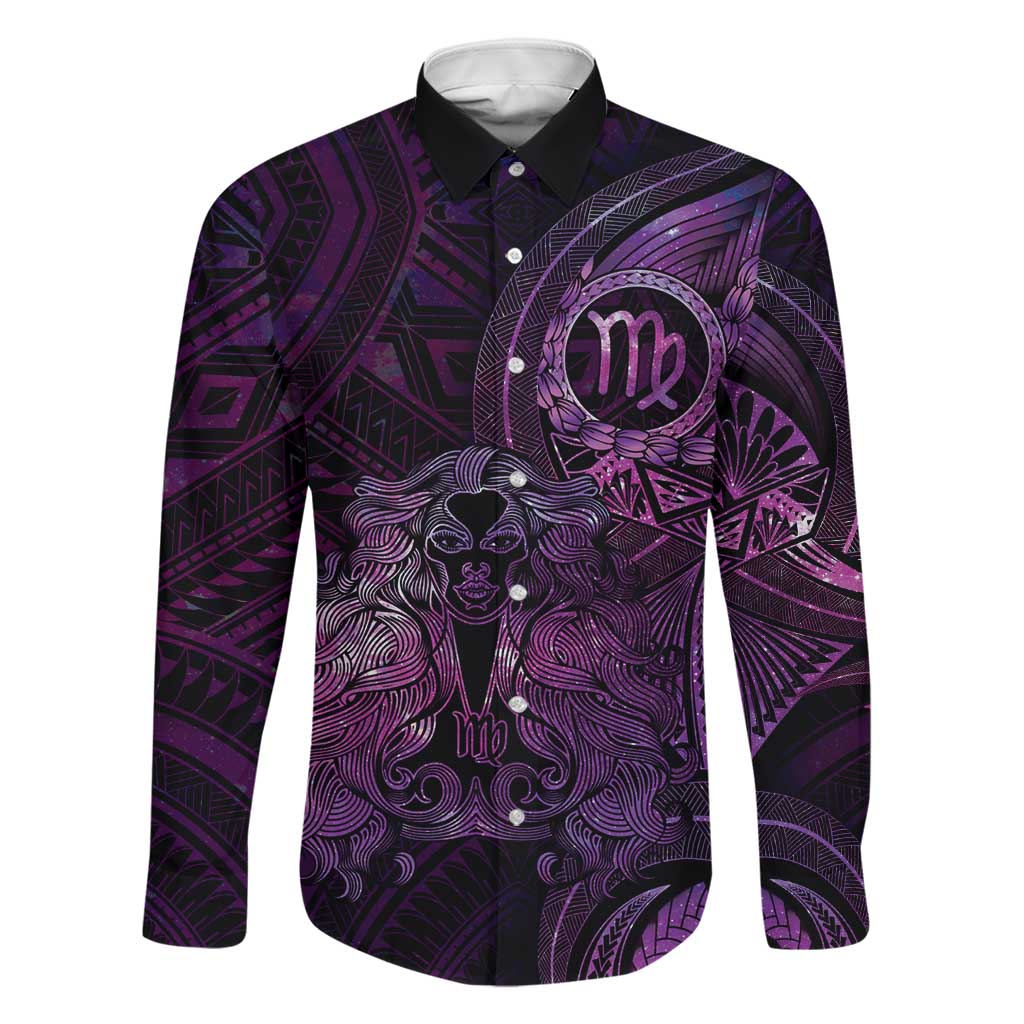 Personalised Polynesia Zodiac Virgo Family Matching Off The Shoulder Long Sleeve Dress and Hawaiian Shirt Galaxy Polynesian Pattern Chest Tattoo Style