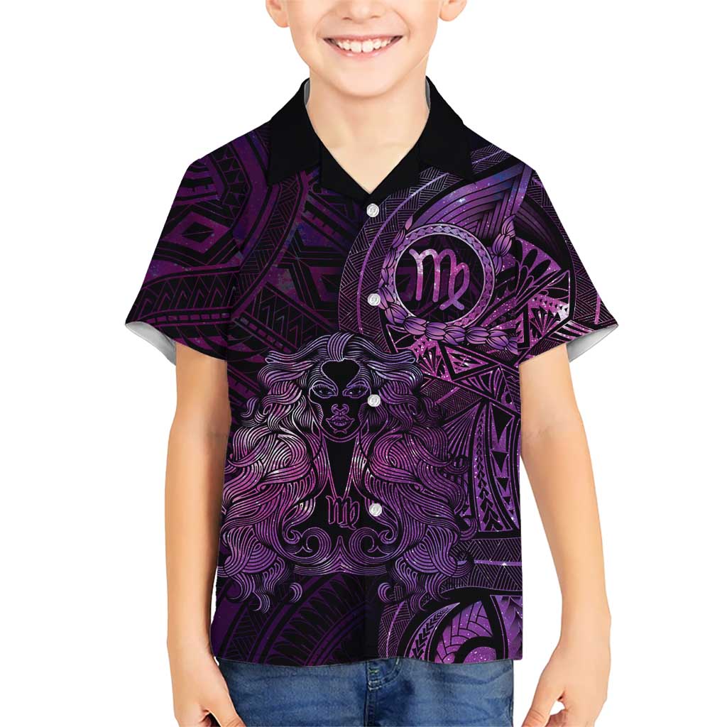 Personalised Polynesia Zodiac Virgo Family Matching Off The Shoulder Long Sleeve Dress and Hawaiian Shirt Galaxy Polynesian Pattern Chest Tattoo Style