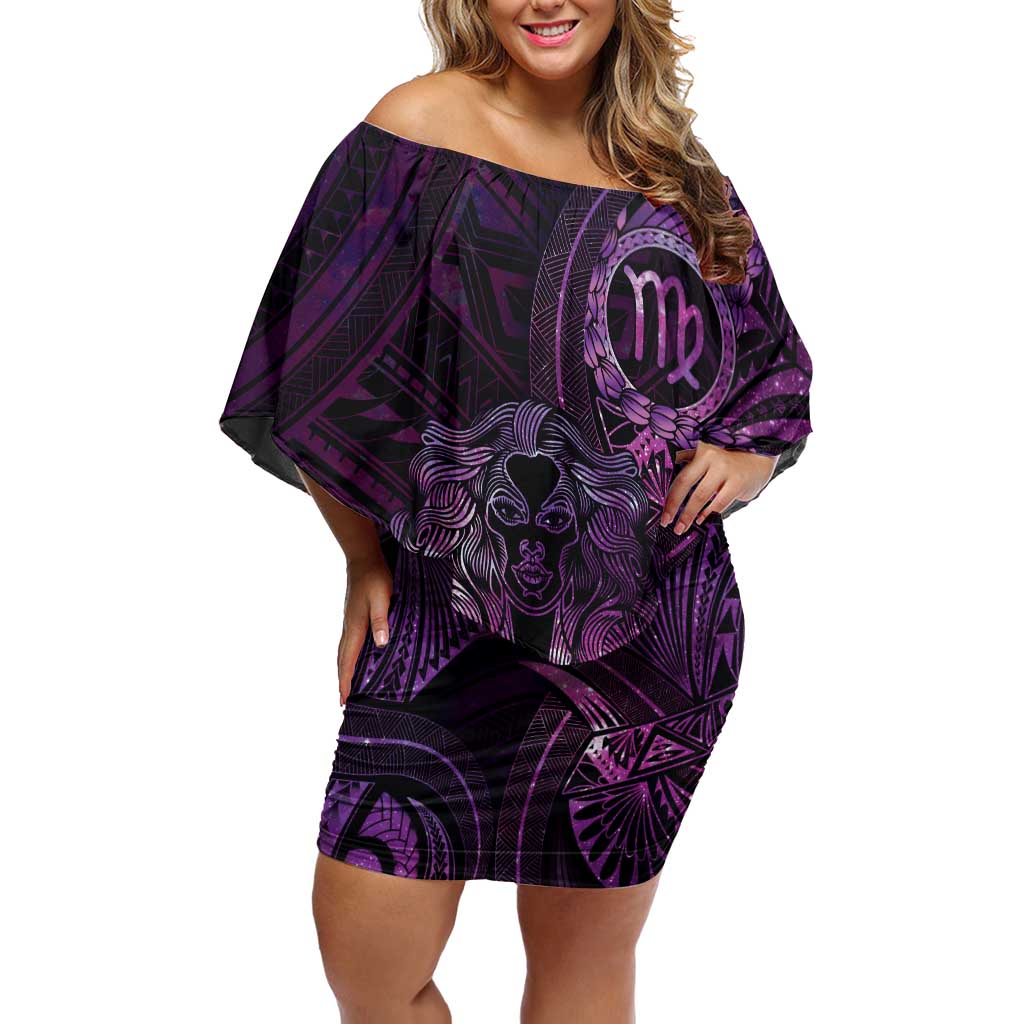 Personalised Polynesia Zodiac Virgo Off Shoulder Short Dress Galaxy Polynesian Pattern Chest Tattoo Style LT14 Women Purple - Polynesian Pride