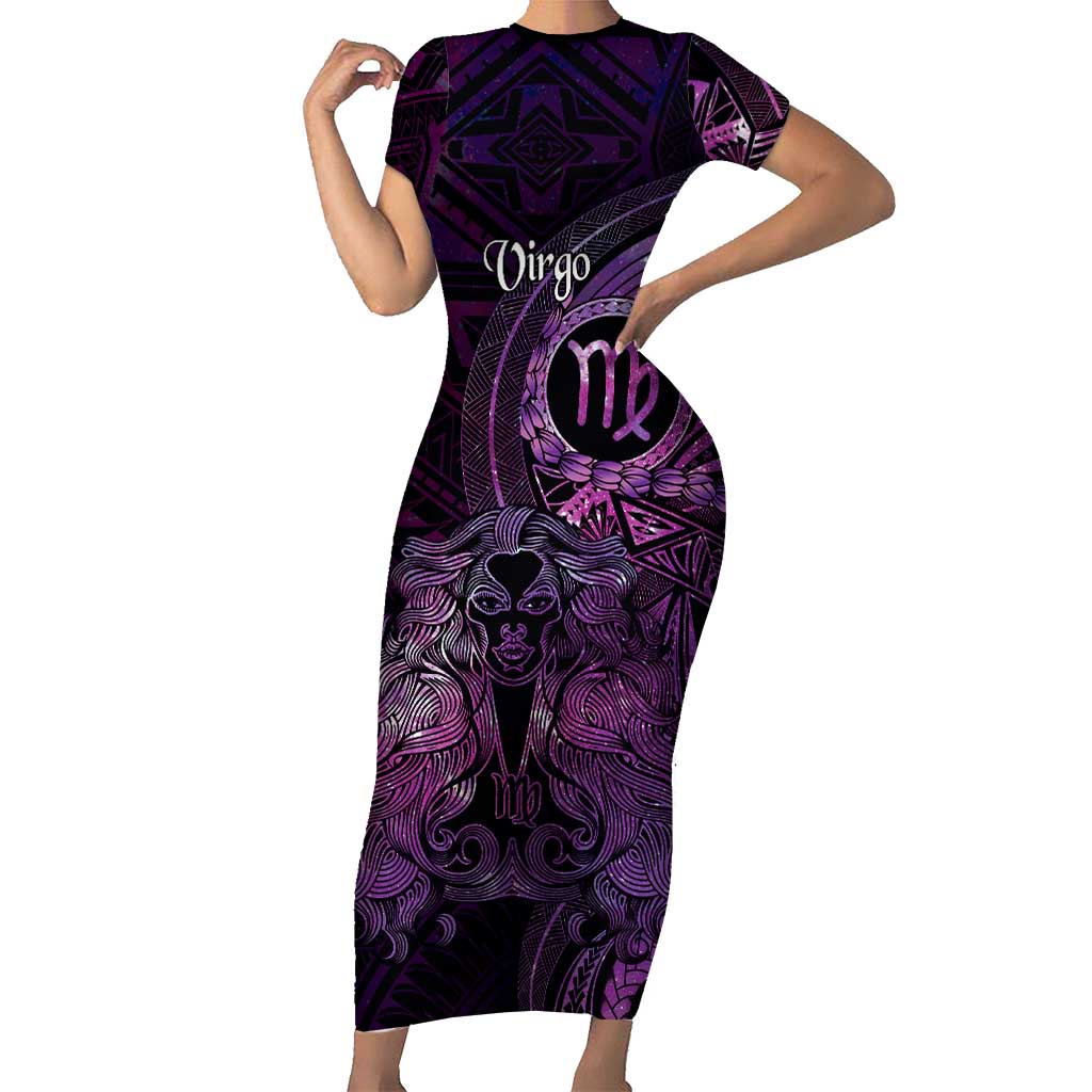 Personalised Polynesia Zodiac Virgo Short Sleeve Bodycon Dress Galaxy Polynesian Pattern Chest Tattoo Style