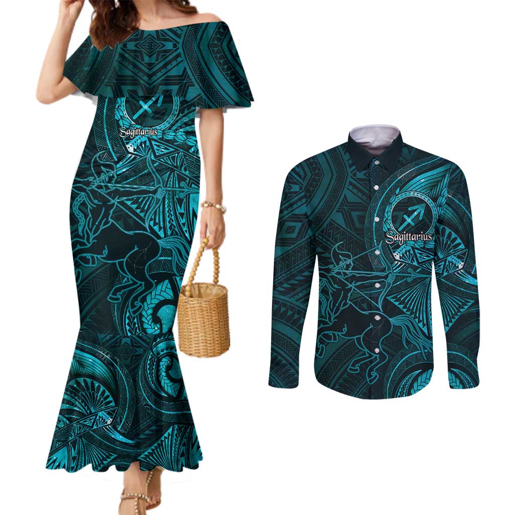 Personalised Polynesia Zodiac Sagittarius Couples Matching Mermaid Dress and Long Sleeve Button Shirt Galaxy Polynesian Pattern Chest Tattoo Style LT14 Cyan - Polynesian Pride
