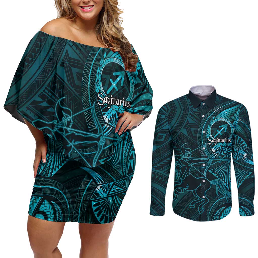 Personalised Polynesia Zodiac Sagittarius Couples Matching Off Shoulder Short Dress and Long Sleeve Button Shirt Galaxy Polynesian Pattern Chest Tattoo Style LT14 Cyan - Polynesian Pride
