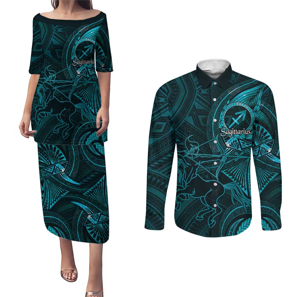 Personalised Polynesia Zodiac Sagittarius Couples Matching Puletasi and Long Sleeve Button Shirt Galaxy Polynesian Pattern Chest Tattoo Style LT14 Cyan - Polynesian Pride
