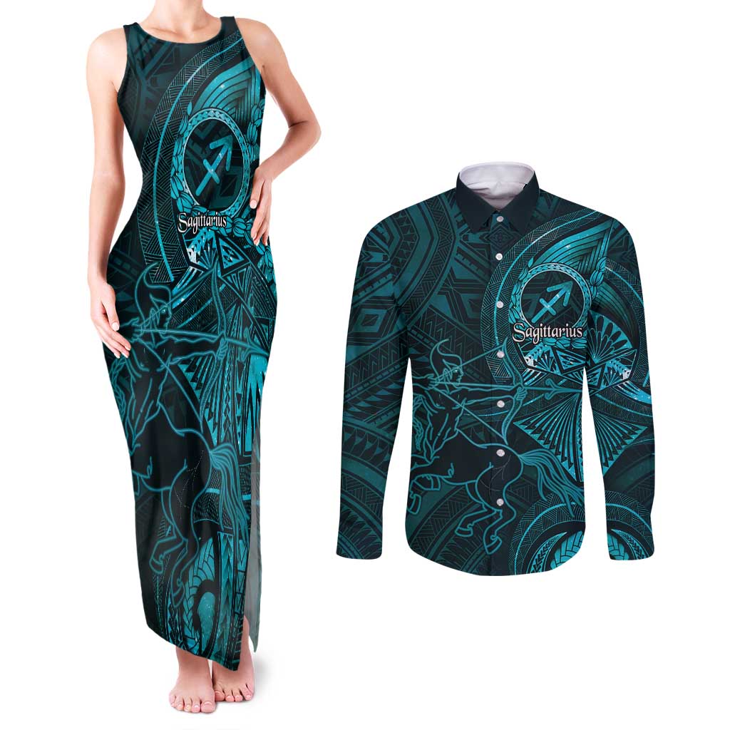 Personalised Polynesia Zodiac Sagittarius Couples Matching Tank Maxi Dress and Long Sleeve Button Shirt Galaxy Polynesian Pattern Chest Tattoo Style LT14 Cyan - Polynesian Pride