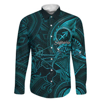 Personalised Polynesia Zodiac Sagittarius Family Matching Off The Shoulder Long Sleeve Dress and Hawaiian Shirt Galaxy Polynesian Pattern Chest Tattoo Style LT14 Dad's Shirt - Long Sleeve Cyan - Polynesian Pride