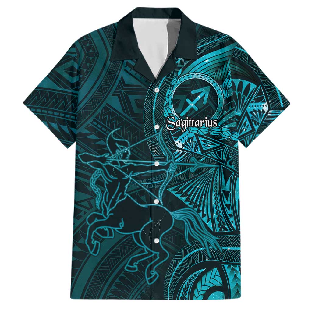 Personalised Polynesia Zodiac Sagittarius Family Matching Off Shoulder Short Dress and Hawaiian Shirt Galaxy Polynesian Pattern Chest Tattoo Style LT14 Dad's Shirt - Short Sleeve Cyan - Polynesian Pride