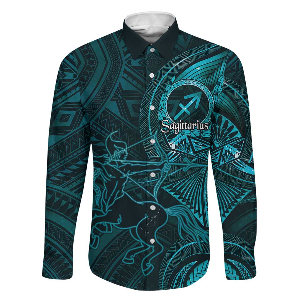 Personalised Polynesia Zodiac Sagittarius Family Matching Off Shoulder Short Dress and Hawaiian Shirt Galaxy Polynesian Pattern Chest Tattoo Style LT14 Dad's Shirt - Long Sleeve Cyan - Polynesian Pride