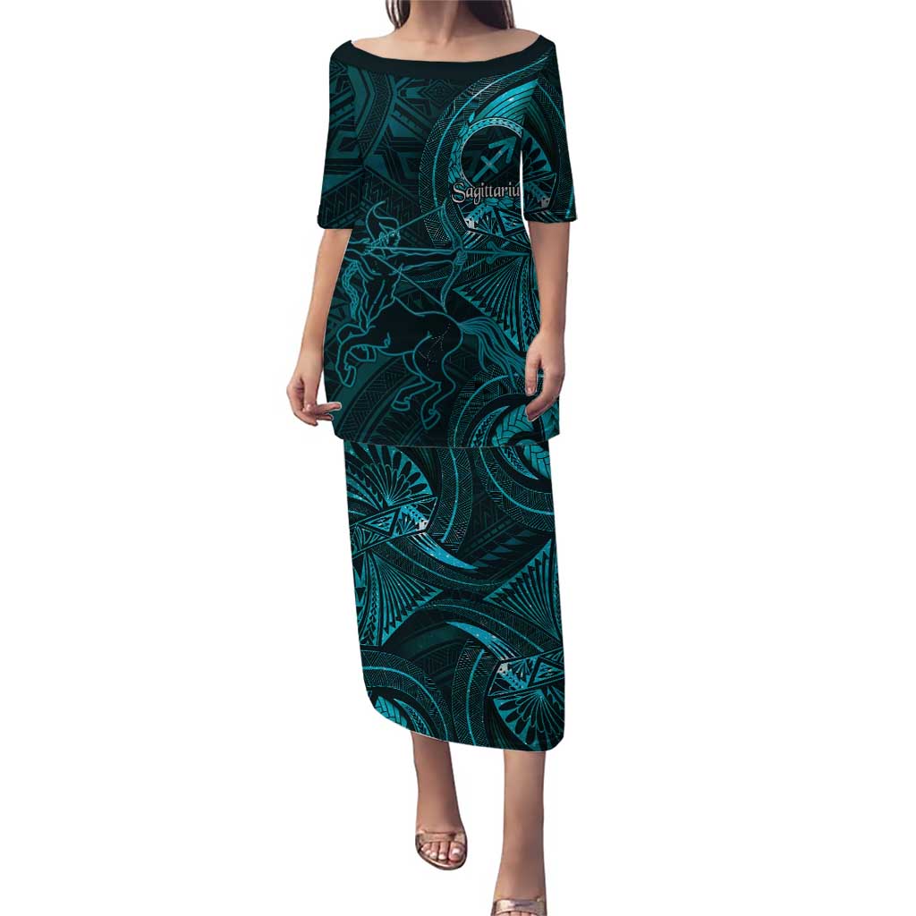 Personalised Polynesia Zodiac Sagittarius Family Matching Puletasi and Hawaiian Shirt Galaxy Polynesian Pattern Chest Tattoo Style LT14 Mom's Dress Cyan - Polynesian Pride