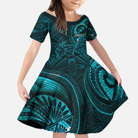 Personalised Polynesia Zodiac Sagittarius Family Matching Summer Maxi Dress and Hawaiian Shirt Galaxy Polynesian Pattern Chest Tattoo Style LT14 Daughter's Dress Cyan - Polynesian Pride