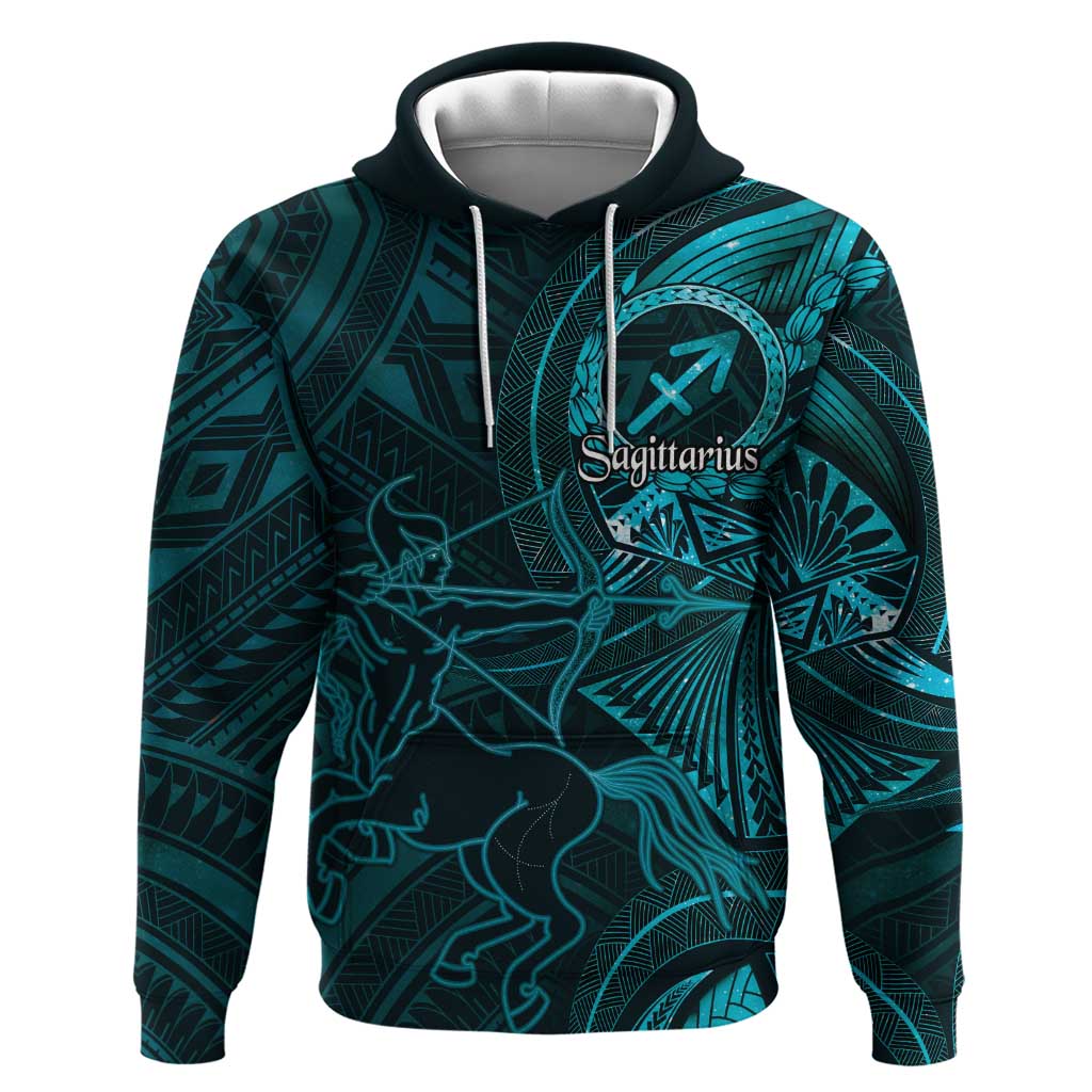 Personalised Polynesia Zodiac Sagittarius Hoodie Galaxy Polynesian Pattern Chest Tattoo Style LT14 Pullover Hoodie Cyan - Polynesian Pride