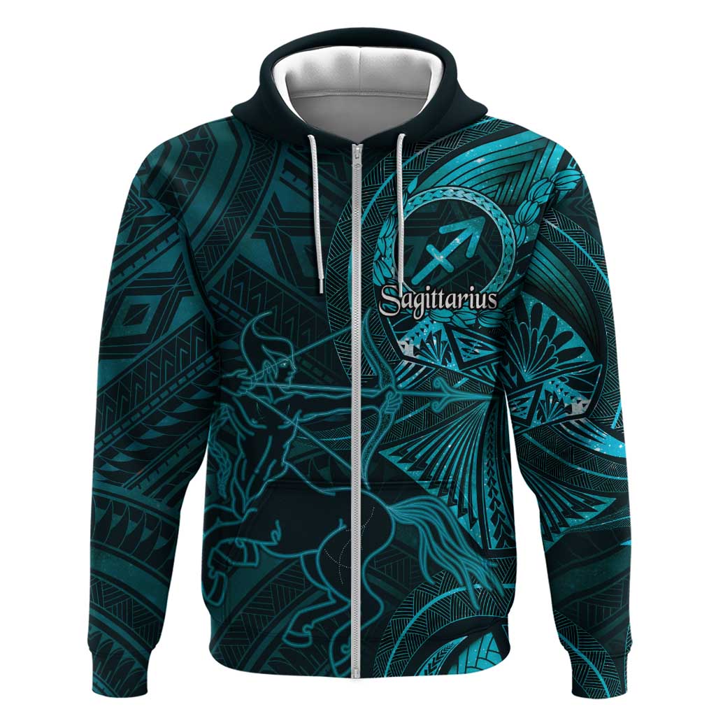 Personalised Polynesia Zodiac Sagittarius Hoodie Galaxy Polynesian Pattern Chest Tattoo Style LT14 Zip Hoodie Cyan - Polynesian Pride