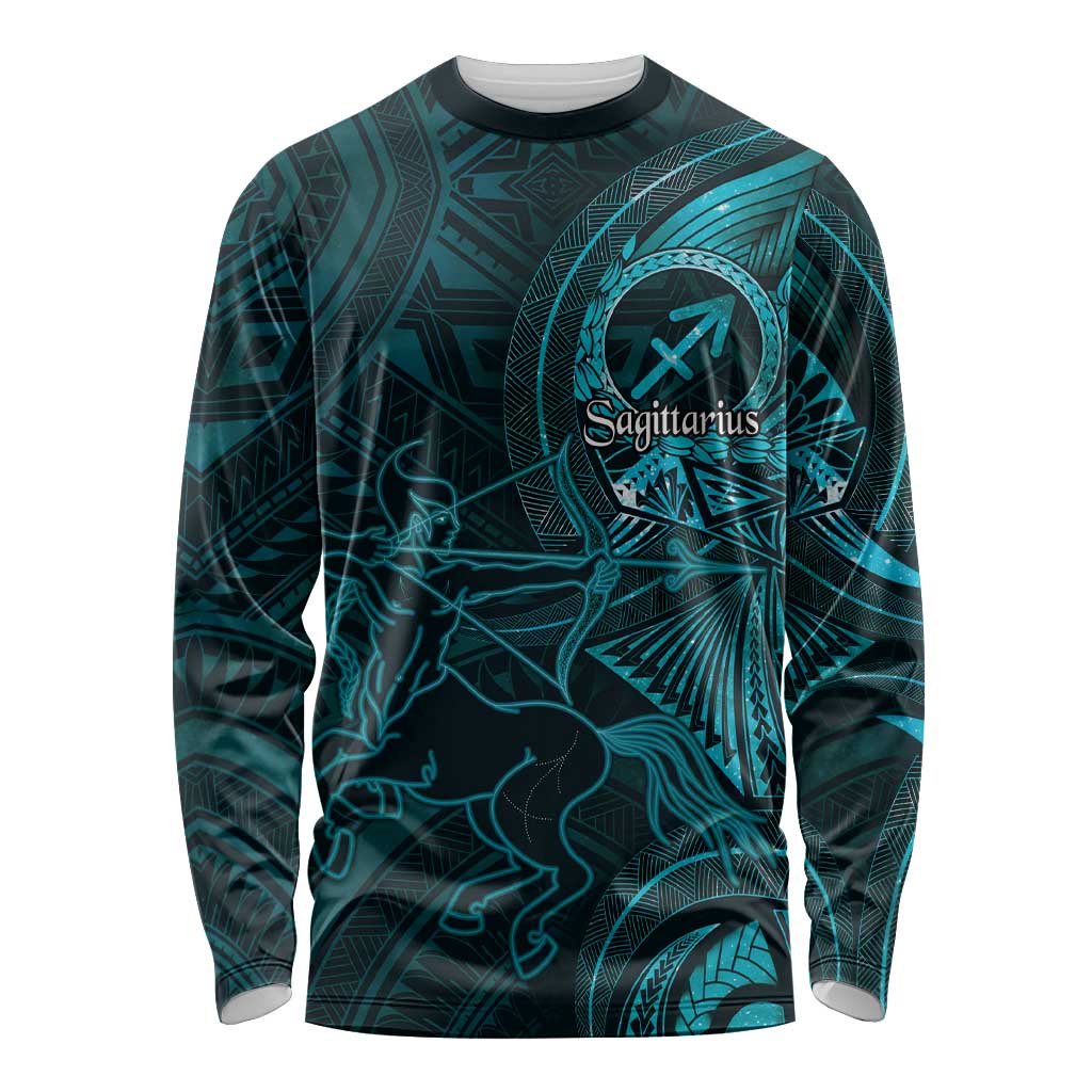 Personalised Polynesia Zodiac Sagittarius Long Sleeve Shirt Galaxy Polynesian Pattern Chest Tattoo Style