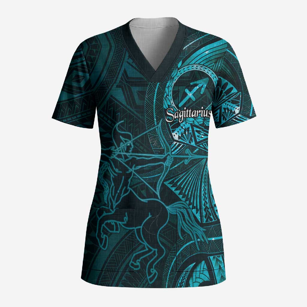 Personalised Polynesia Zodiac Sagittarius Scrub Top Galaxy Polynesian Pattern Chest Tattoo Style LT14 Adult Cyan - Polynesian Pride