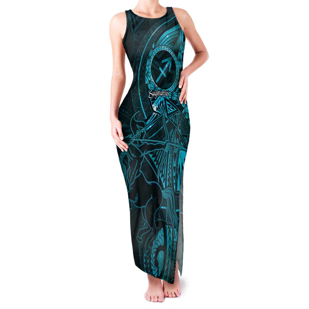 Personalised Polynesia Zodiac Sagittarius Tank Maxi Dress Galaxy Polynesian Pattern Chest Tattoo Style LT14 Women Cyan - Polynesian Pride