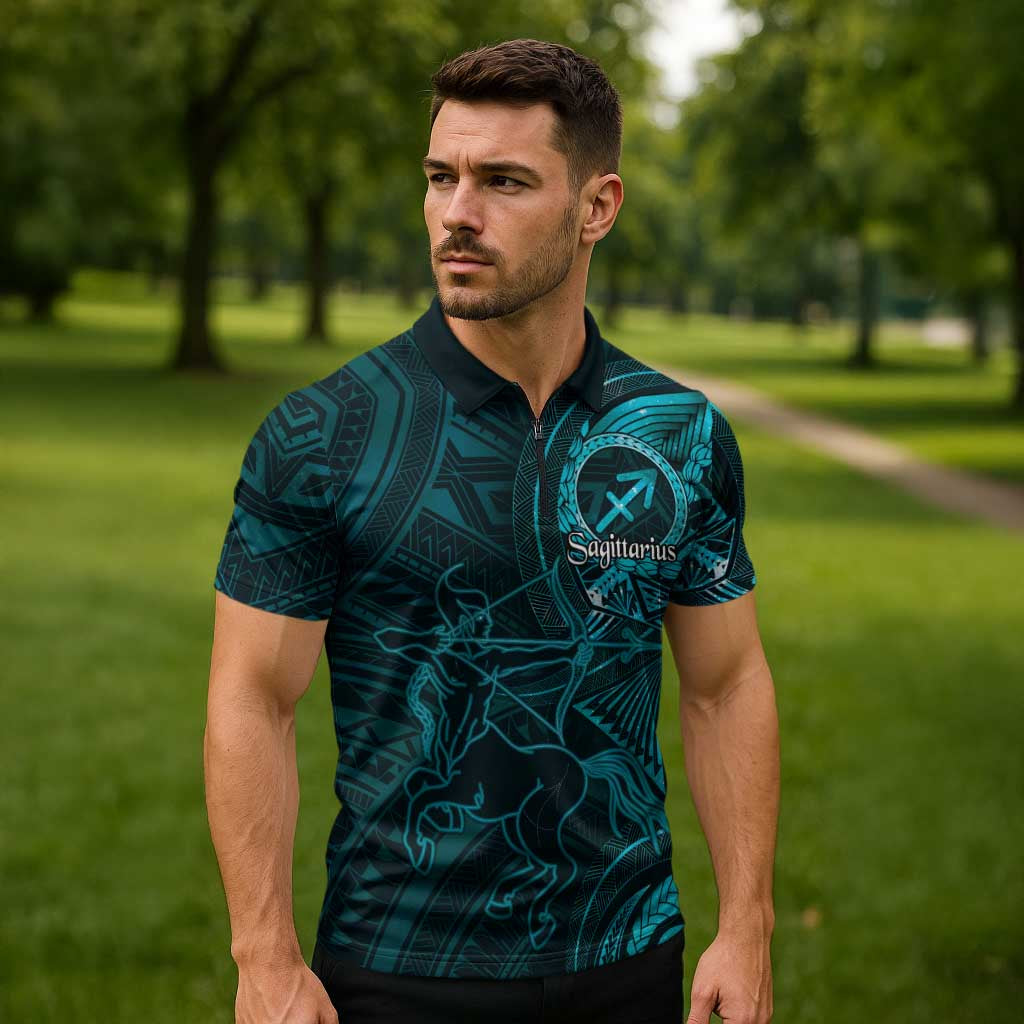 Personalised Polynesia Zodiac Sagittarius Zipper Polo Shirt Galaxy Polynesian Pattern Chest Tattoo Style