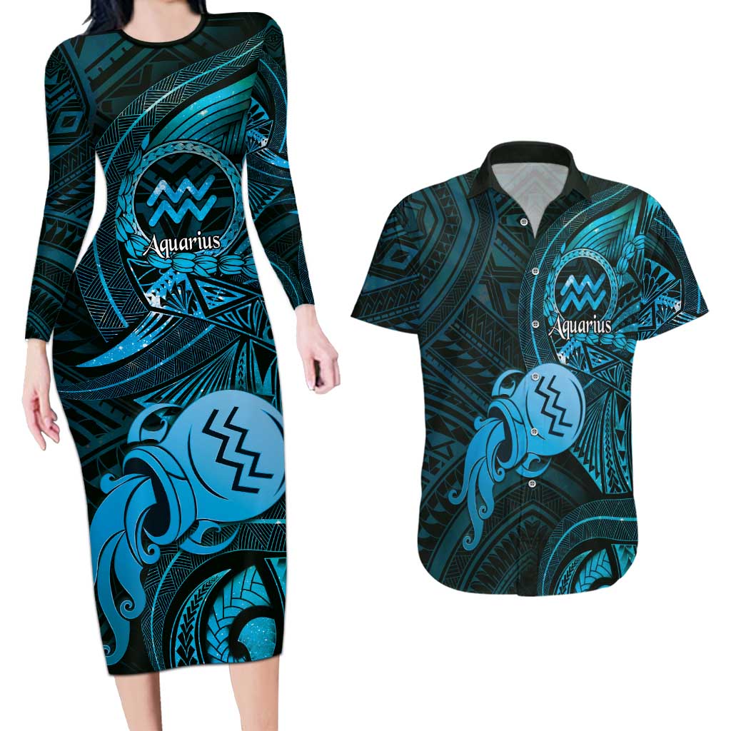 Personalised Polynesia Zodiac Aquarius Couples Matching Long Sleeve Bodycon Dress and Hawaiian Shirt Galaxy Polynesian Pattern Chest Tattoo Style LT14 Blue - Polynesian Pride