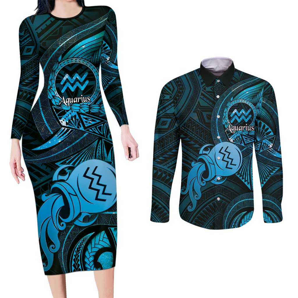 Personalised Polynesia Zodiac Aquarius Couples Matching Long Sleeve Bodycon Dress and Long Sleeve Button Shirt Galaxy Polynesian Pattern Chest Tattoo Style LT14 Blue - Polynesian Pride