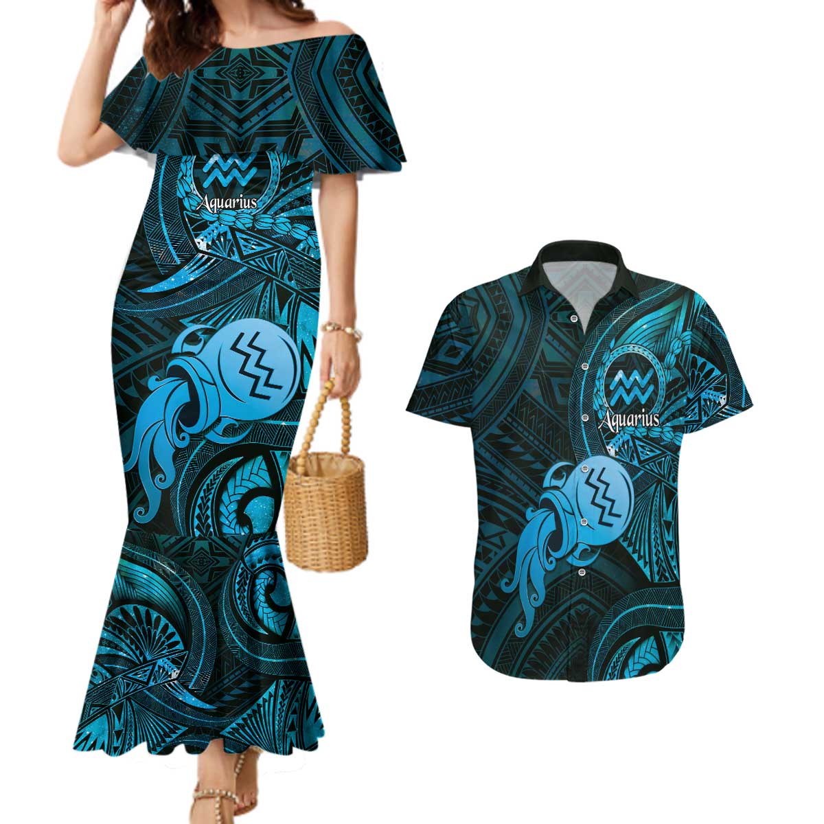 Personalised Polynesia Zodiac Aquarius Couples Matching Mermaid Dress and Hawaiian Shirt Galaxy Polynesian Pattern Chest Tattoo Style LT14 Blue - Polynesian Pride
